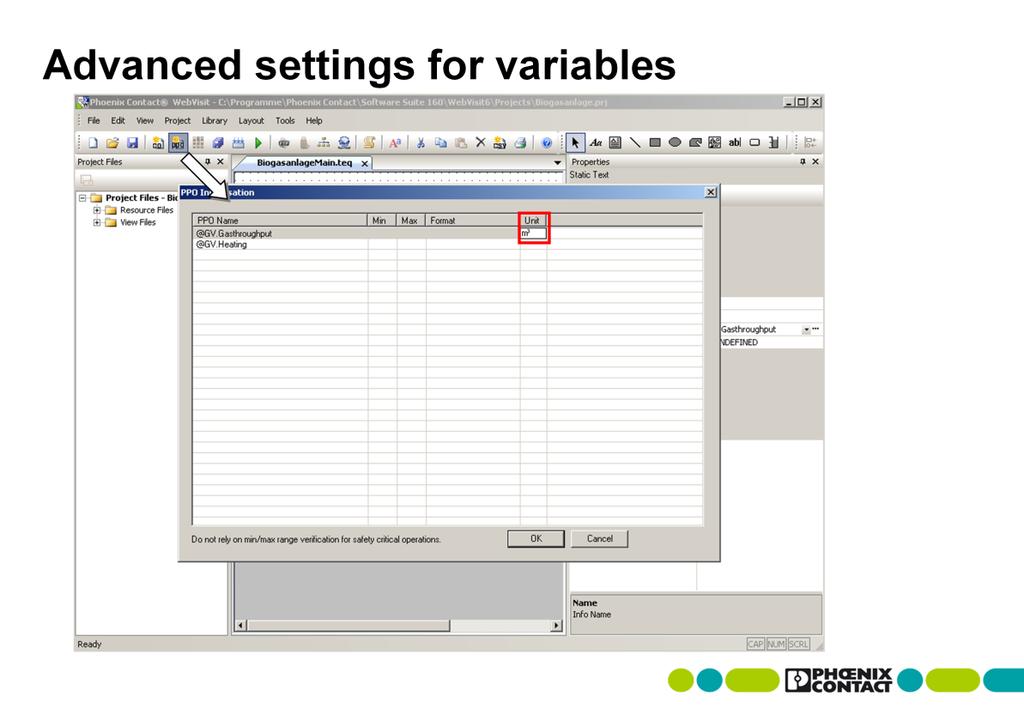 Getting started with visualization creation The PPO Initialisation window is used to assign a unit for a variable value. All external variables that are used are listed here.