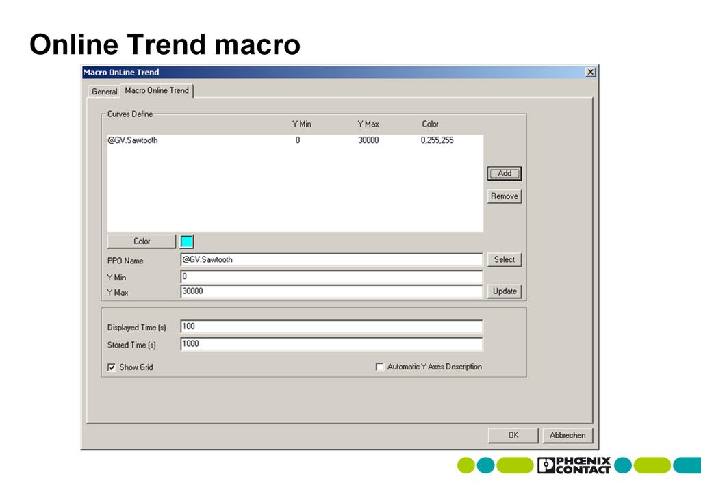 Macros in WebVisit Pro To access the properties of the trend macro, proceed as described for the Alarming macro. At the very least, PPO Name, Y Min, and Y Max must be specified in the properties.
