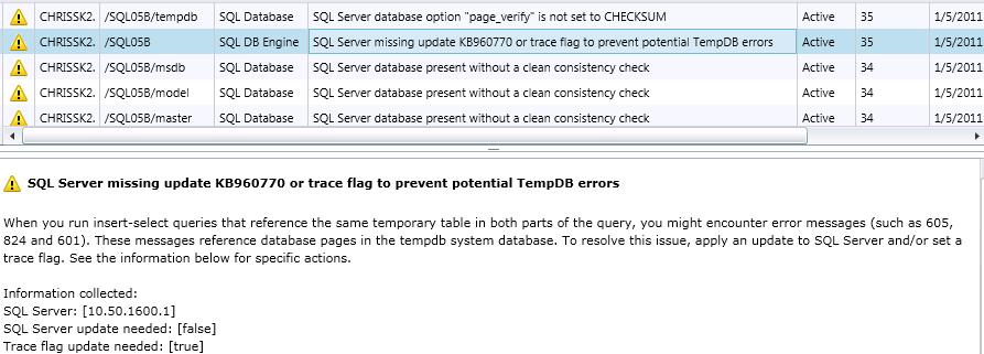 This alert about potential TempDB errors includes a link to the Microsoft