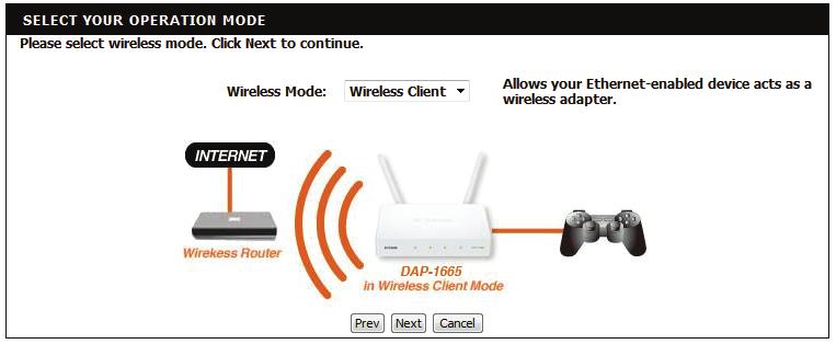 Wireless Client Mode This wizard is designed to assist you in configuring your DAP-1665 as a wireless client. Select Wireless Client from the drop-down menu.