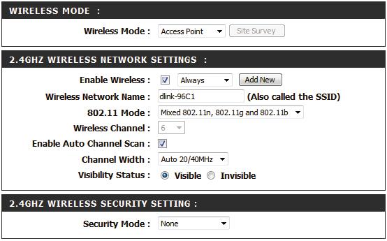 Access Point Mode 2.4 GHz Band Wireless Mode: Enable Wireless: Wireless Network Name: 802.