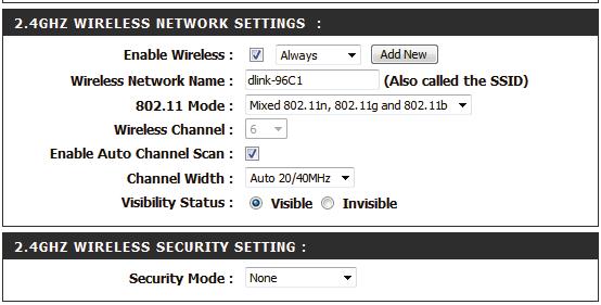 Visibility Status: Security Mode: Select whether you would like the network name (SSID) of your wireless network to be Visible or Invisible to wireless clients.