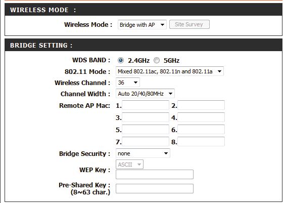 Bridge with AP Mode Wireless Mode: WDS Band: 802.11 Mode: Wireless Channel: Channel Width: Remote AP MAC: Bridge Security: Select Bridge from the drop-down menu.