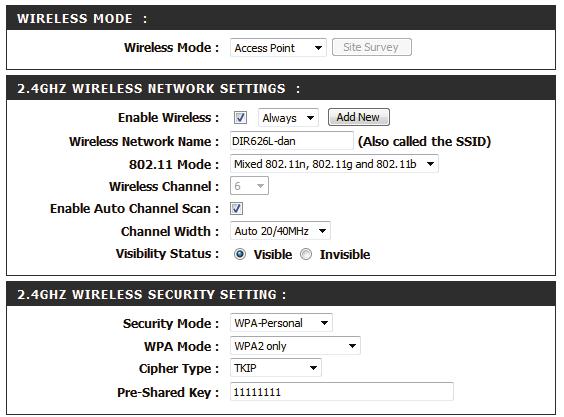 2.4 GHz Band Enable Wireless: Wireless Network Name: 802.11 Mode: Wireless Channel: Enable Auto Channel Scan: Channel Width: Visibility Status: Check the box to enable the wireless function for the 2.