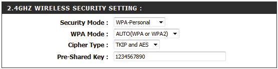 WPA-Personal Security Mode: WPA Mode: Cipher Type: Pre-Shared Key: Select WPA-Personal from the drop-down menu. There are two versions of WPA supported by the DAP-1665: WPA and WPA2.