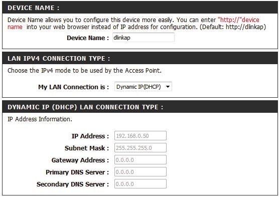 LAN Setup The LAN Setup page enables you to configure the Local Area Network (LAN) settings for the access point.