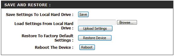 System The System page can be used to save and restore the device s configuration, as well as restore the factory default settings.