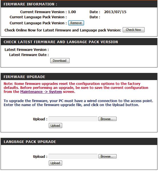 Firmware Use the Firmware page to update the device s firmware, and add or remove language packs.
