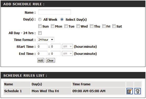 Schedules Use the Schedules page to create new schedule rules for various access point functions.