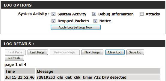 Logs TheDAP-1665 keeps a running log of events and activities occurring on the access point. If the device is rebooted, the logs will automatically be cleared.