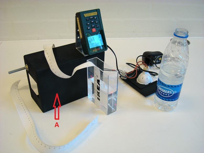 Figure 1.9 The experimental set-up. (The black box only serves as a support. The equipment behind the bottle is not used, though). A: Important: The bottom of the black box must face forward as shown.