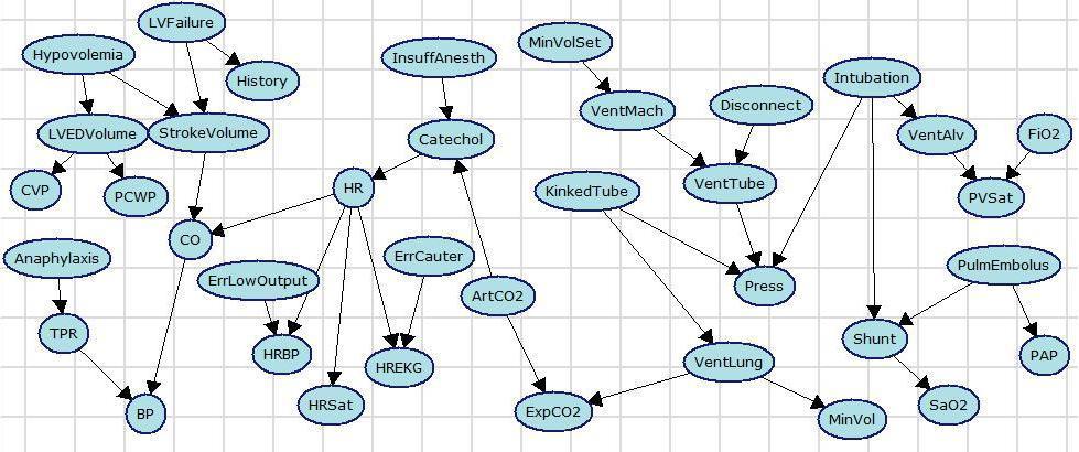 76 Figure 4-3: A polytree derived from Alarm Bayesian Network [40]. This graph is created by BNJ tool.