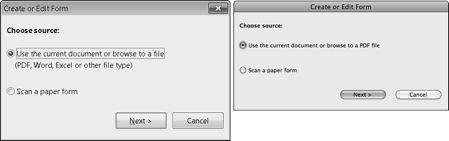 Part VI: Using Acrobat PDF Forms Starting the Form Wizard FIGURE 30.9 The Create or Edit Form Wizard provides different options for Windows and Mac users.