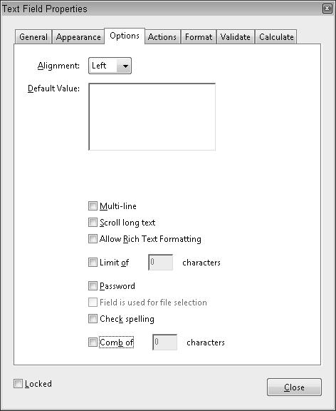 Part VI: Using Acrobat PDF Forms Exploring the Options properties Looking at text options FIGURE 30.