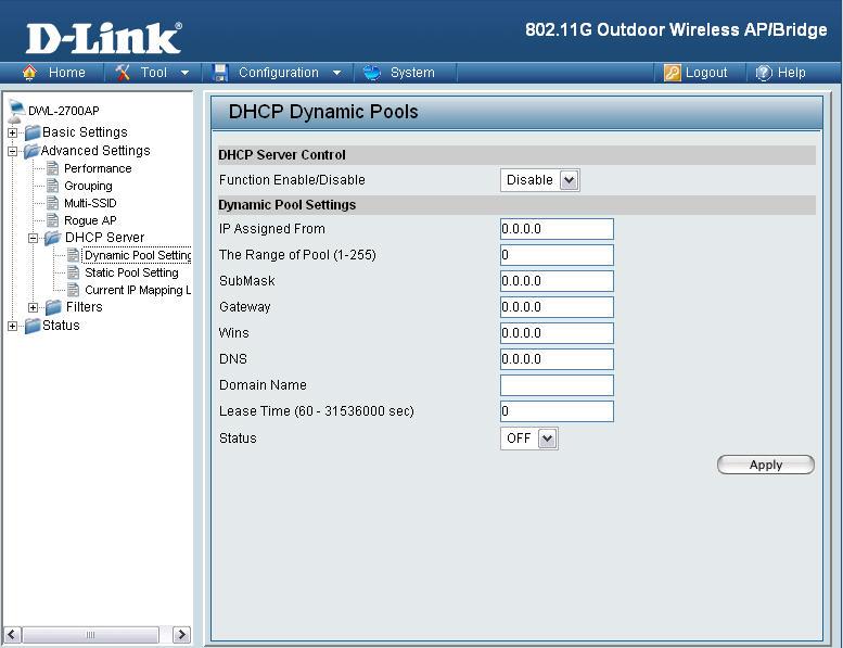 Home > Advanced Settings > DHCP Server > Dynamic Pool Settings DHCP Server Control: IP Assigned From: The Range of Pool (1-255): Dynamic Host Configuration Protocol assigns dynamic IP addresses to