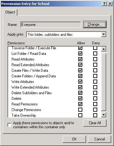 3. Give "Everyone" Read and Write permissions, but don t allow them to take control of the folder. To do this select the Advanced button on the Shared RWT Properties dialog.