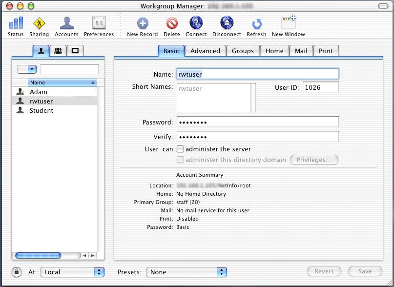 Figure 16: Adding rwtuser in Workgroup Manager Accounts 4. Define the new user s properties and name the user rwtuser. - Type the name rwtuser in both the Name and Short Name fields.