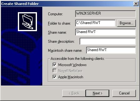 - In the Accessible from the following clients frame, check the boxes Microsoft Windows and Apple Macintosh (Figure 1).