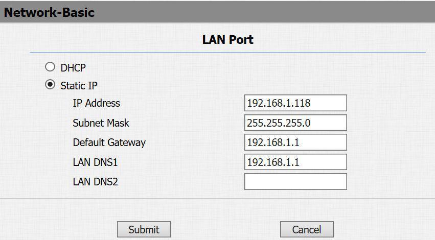 2.2 Network Setting Go to Network->Basic, dynamically or statically to obtain address. 2.2.1 DHCP IPDS-20A uses DHCP by default, it will get IP address, Subnet Mask, Default Gateway and DNS server address from DHCP server automatically.