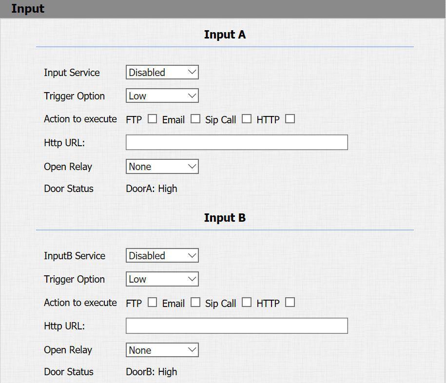 2.8 Input IPDS-20A supports two input triggers Input A/B(DOOR A/B), and go to Intercom->Input to configure. Input Service: To enable or disable input trigger service.