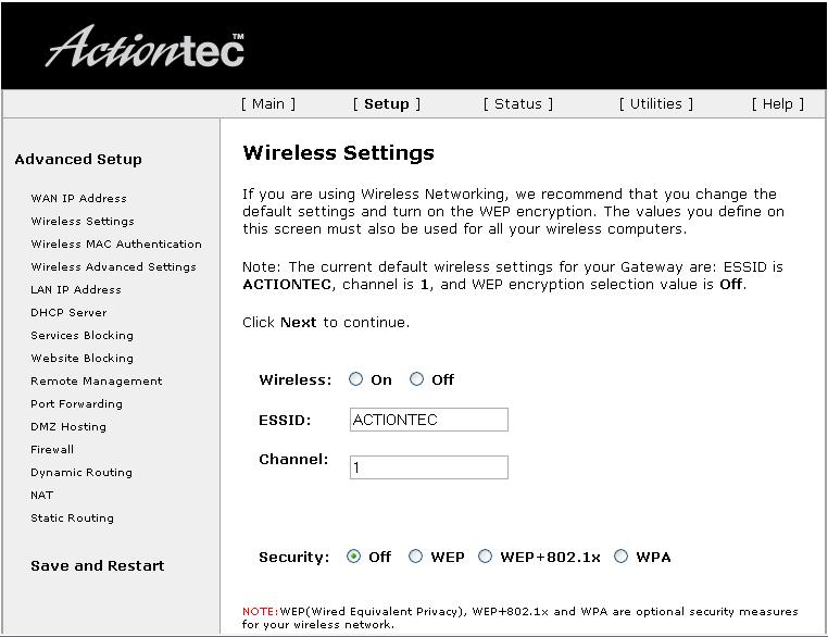 6. This is the Wireless Settings page Next to the Wireless radio button, select ON. Enter your ESSID. The ESSID is your Wireless Network Name.