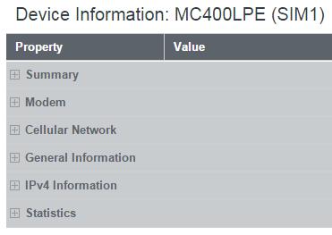 following device properties: Summary Modem Cellular Network General Information IPv4