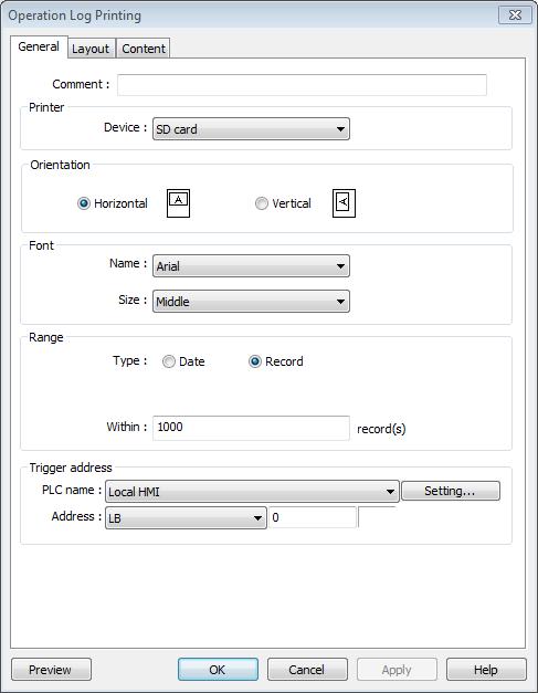 General Tab Setting Printer Description Select the device to save the Operation Log sheet.