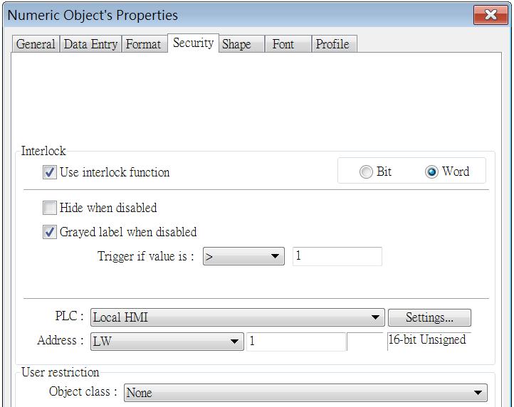 13-52 Security Tab Setting Interlock Description Use interlock function When this option is enabled and [Word] is selected, whether the object is operable depends on the condition of a word address
