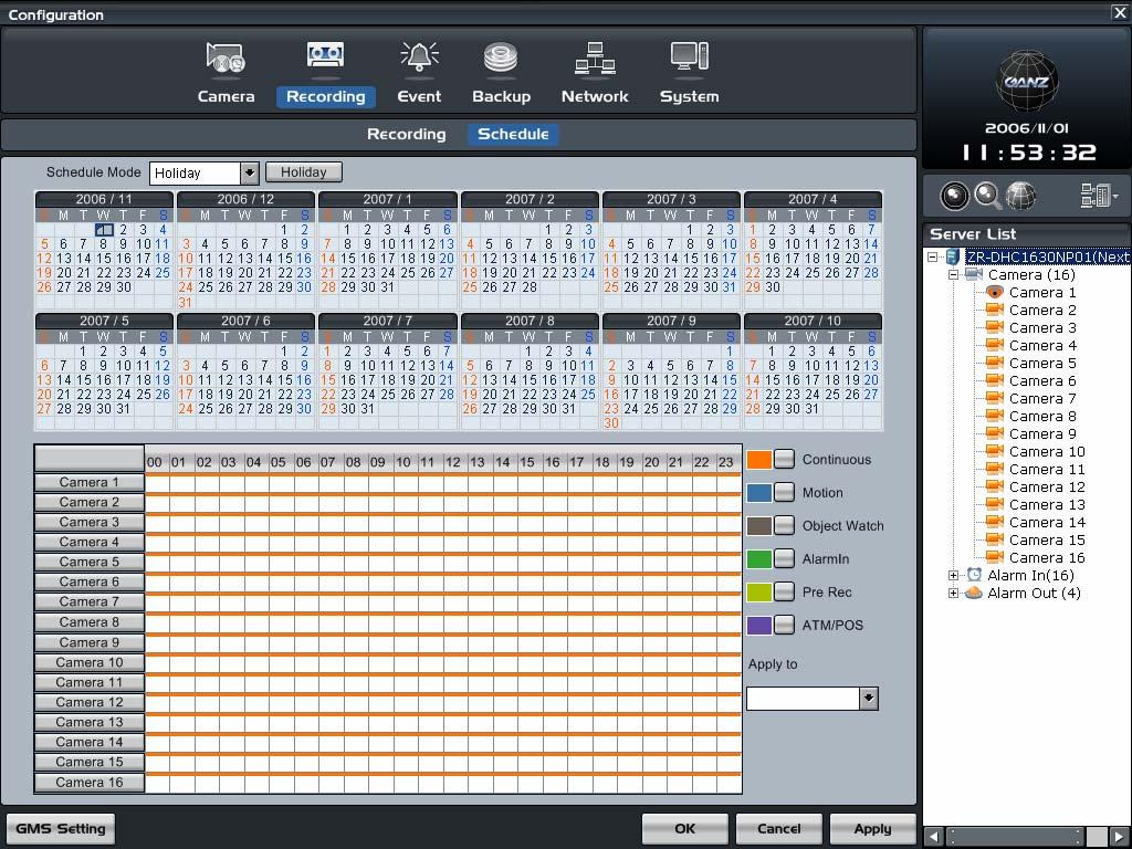 6.. Schedule Establish the recording schedule using the various recording modes and set for weekdays, Saturdays and holidays. The display includes a calendar for selection by day.