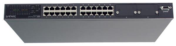 1.3 Front Panel Description From left to right, the front panel contains the following: Power and port LEDs; 24 10/100 ports; 2 optional module slots; and a console