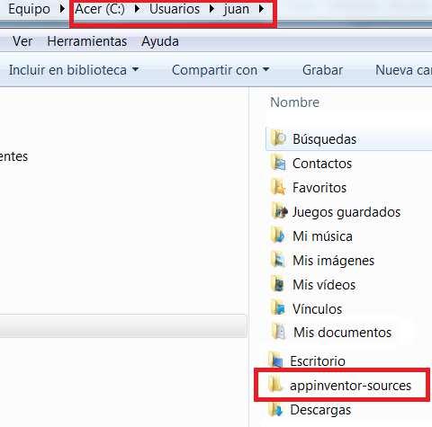 - Disk C:, folder Users, your name user, in my case juan, look this folder: C:\Users\juan\appinventor-sources - You can pry this