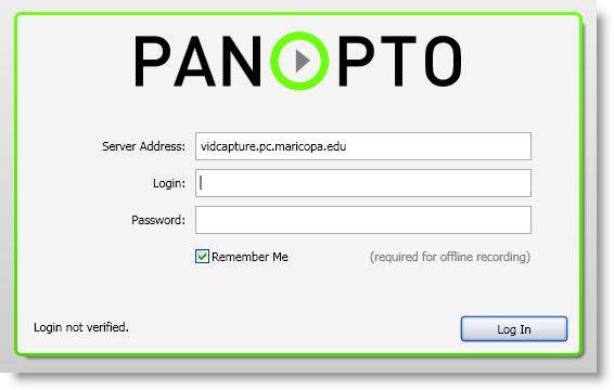 Login Steps 1. Open the Panopto Recorder. If you are not already logged in, you will see the following screen. MEID\ 2. Make sure the Server address is: vidcapture.pc.maricopa.edu 3.