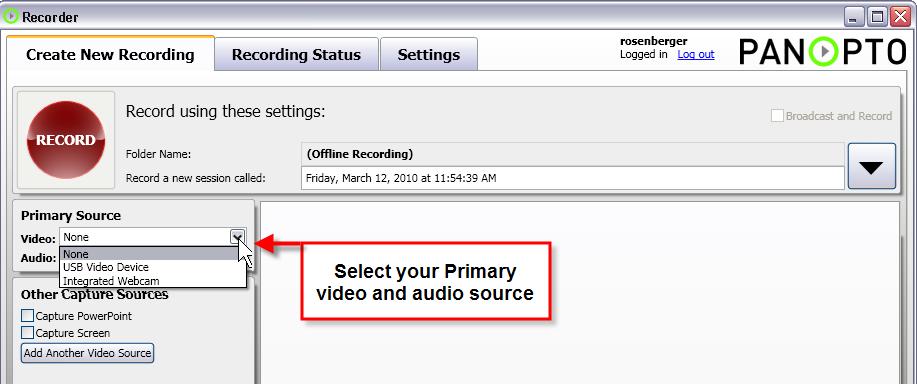 Selecting Your Main Video and Audio For USB devices, make sure it is plugged in and select your primary source. This will be your video and audio for the presentation.