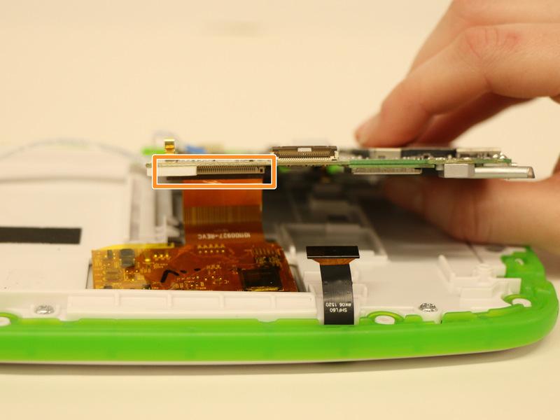 Step 12 Rotate your device 180 degrees so the the motherboard is on your right-hand side and gently lift the front