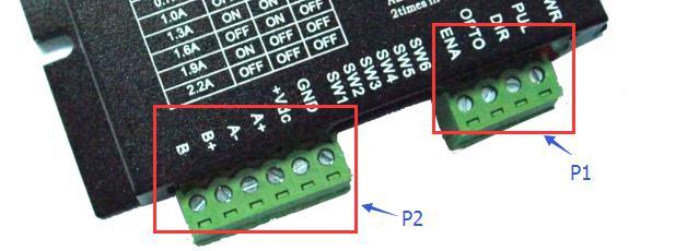 3. Connection Pin Assignments and LED Indication The DM332T has two connector blocks P1&P2 (see above picture). P1 is for control signals connections, and P2 is for power and motor connections.