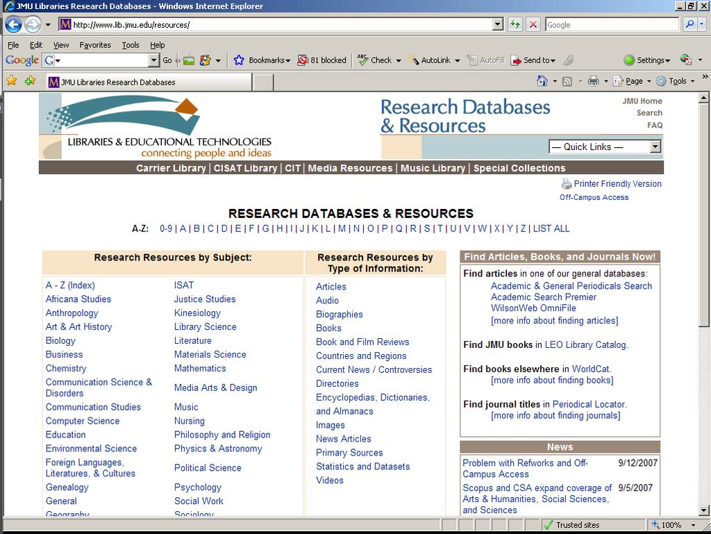 Select the letter M in the Databases by Title section.