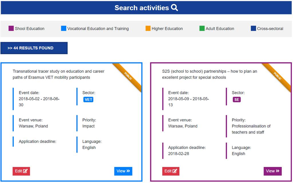 The button is located under the Search activities table. By clicking on this button a drop down section with additional criteria will be visible (see Figure 43.