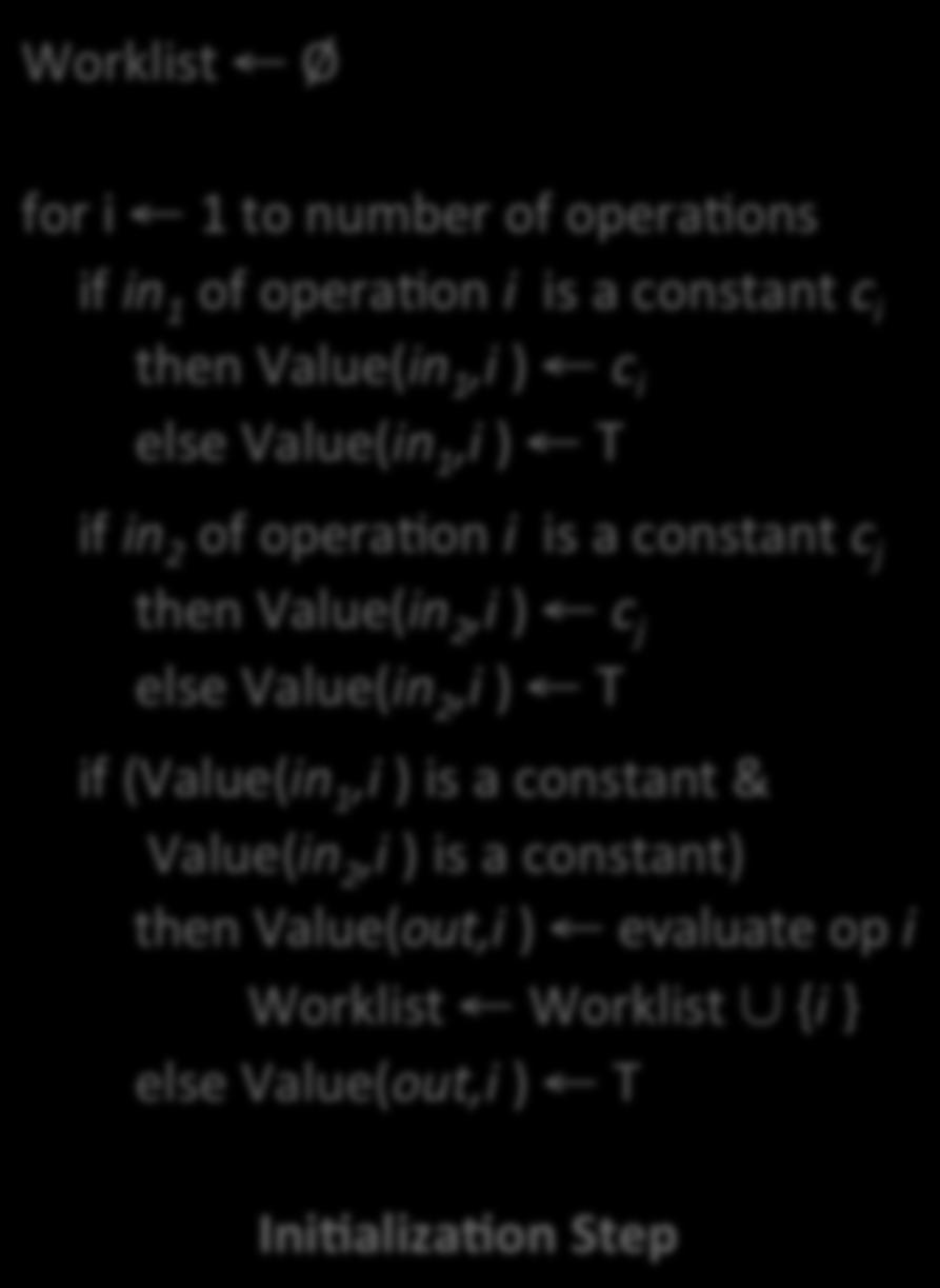 Constant Propaga<on over DEF- USE Chains Worklist Ø for i 1 to number of operahons if in 1 of operahon i is a constant c i then Value(in 1,i ) c i else