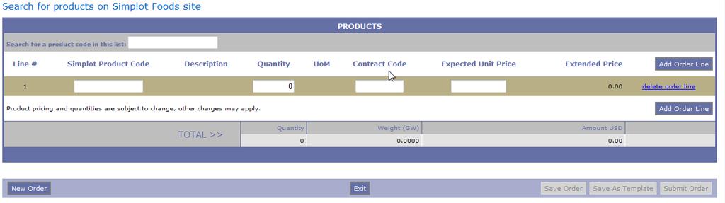Complete the following fields with product information that you would like to have included on your order template.