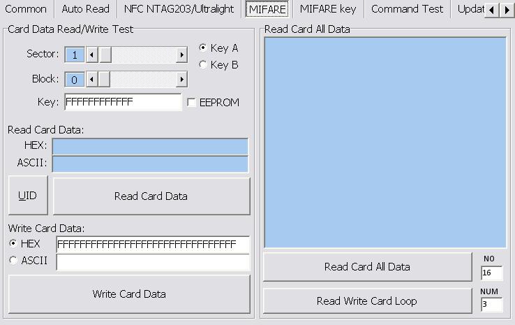 MIFARE (Mifare only) Please set the MIFARE Key before you change the Key in EEPROM. The following sections will describe the different functions as below. 1.