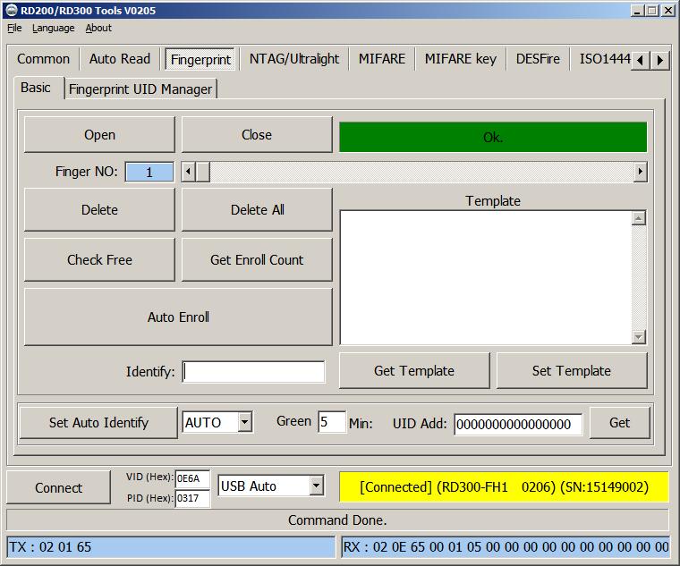 Fingerprint (RD300-FH1 only) A. Basic 1. Open / Close : Setup fingerprint sensor enable/ disable. 2. Finger No: RD300-FH1 support 2000 fingerprints. Select from 0 to 1999 to config fingerprint. 3.