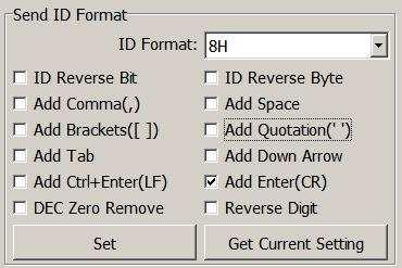 6. Send ID Format This tool provide many ID format to choose, such as 4~16 numbers of hexadecimal and 4~13 numbers of decimal. Also can put comma, space etc.