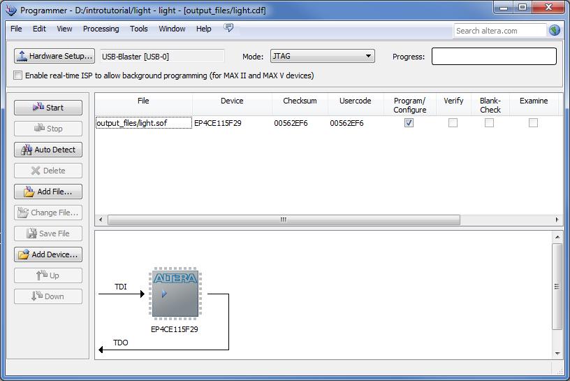 Figure 29. The Programmer window. Observe that the configuration file light.sof is listed in the window in Figure 29. If the file is not already listed, then click Add File and select it.