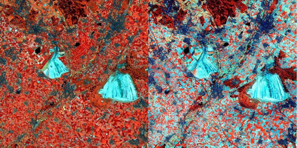 Figure 3. Landsat ETM+ images (1000 1000, RGB composite of bands 4,5,7) over Jülich, Germany, left: June 26, 2001, right: August 29, 2001. 3. METHOD OF COMPARISON Ideally the accuracy of any change detection procedure should be assessed on the basis of reliable ground reference data.