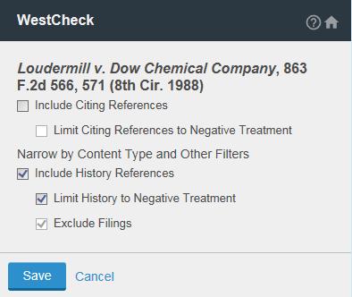 KEYCITE LIMITS Limits for Date, Content Type, Depth of Treatment and other filters are only applied to positive Citing References included in your WestCheck report.