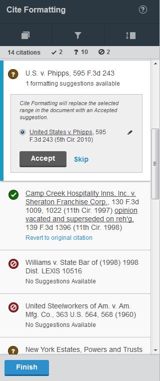 8. Citations with formatting suggestions offer options for formatting. Select an option and click Accept.