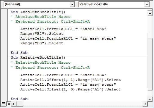 ...cont d 6 Click the Visual Basic button to open the Visual Basic Editor, then compare the VBA code of each macro Empty comment lines are removed from this screenshot to save space.