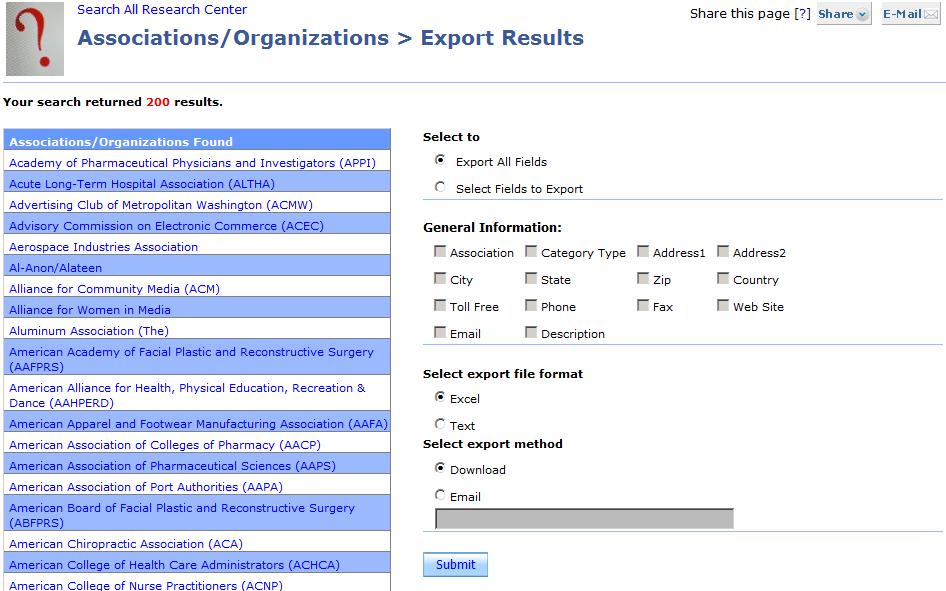 The Associations/Organizations > Search Results page also has an Export Search button. Clicking on this button will open the Associations/Organizations > Export Results page.