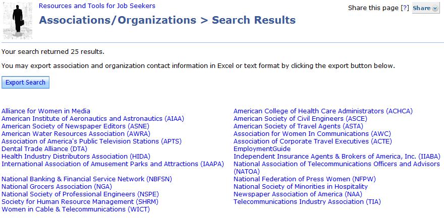 Associations and Organizations The Associations and Organizations selection on the Resources page will open the Associations/Organizations page.