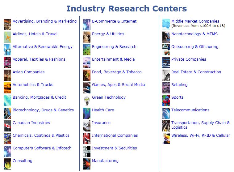 The research center for each industry (or group of industries) are similar and operate in a similar manner. Only one selection will be described in detail.